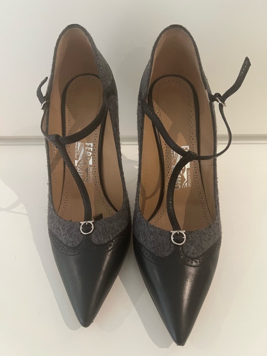 Salvatore Ferragamo Shoes - Salvatore Ferragamo Gray and Black Pointed Toe Ankle-Strap Pumps